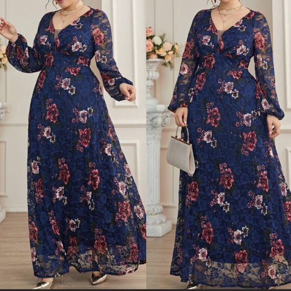 Luxe floral print lace formal wedding party dress